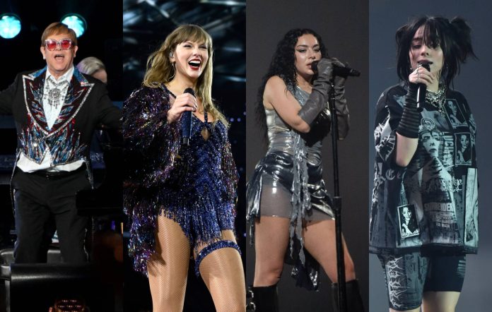 Elton John, Taylor Swift, Charli XCX, and Billie Eilish. Credit: Michael Kovac, Carlos Alvarez, Joseph Okpako and Dave J Hogan via GETTY