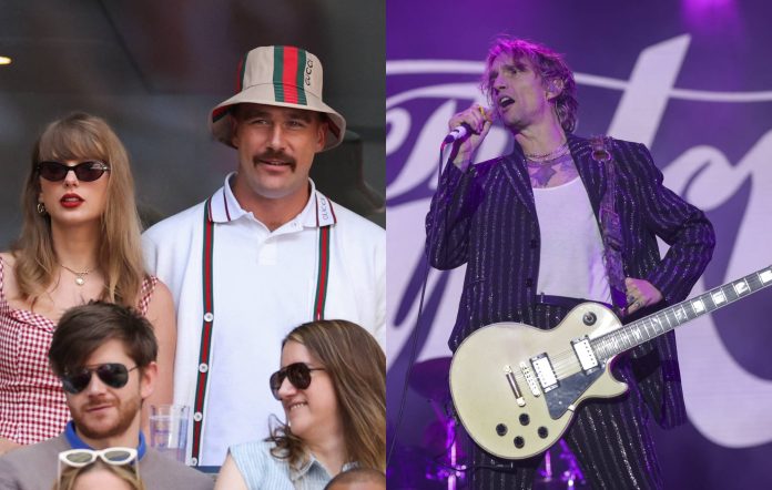 Taylor Swift, Travis Kelce and The Darkness' Justin Hawkins. Credit: CHARLY TRIBALLEAU and Diogo Baptista via GETTY